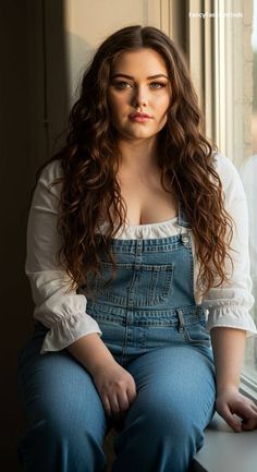 Woman with long wavy hair wearing denim overalls and a white blouse indoors