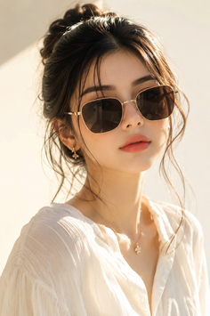 Woman with sunglasses and a messy bun in a white shirt with soft lighting