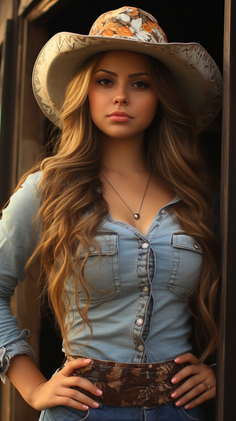 Woman in a cowboy hat and denim shirt with long wavy hair