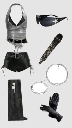 Collection of fashion accessories including a silver top, leather shorts, and sunglasses