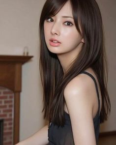 Woman with long dark hair wearing a black camisole indoors