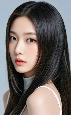 Woman with long black hair wearing a white top, looking directly at the viewer