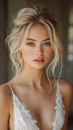 Woman with blonde hair in a messy bun wearing a white lace top