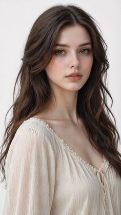 Woman with long brown hair wearing a light-colored top, looking directly at the viewer