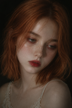 Woman with red hair and freckles wearing a lace top against a dark background
