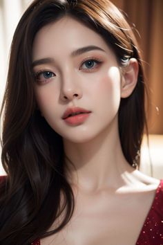 Woman with long dark hair and blue eyes in a red dress with soft lighting
