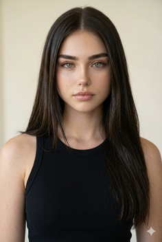 Woman with long dark hair and green eyes wearing a black tank top
