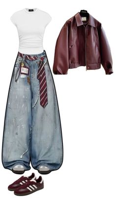 Casual outfit with a white t-shirt, baggy jeans, and a red leather jacket
