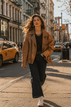 Woman in a brown leather jacket and jeans walking on a city street at golden hour