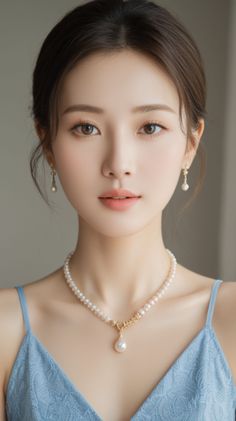 Woman wearing a pearl necklace and earrings with a blue top