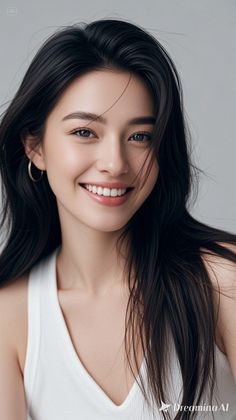 Smiling woman with long dark hair and hoop earrings in a white tank top