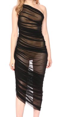 Woman in a sheer black one-shoulder ruched dress