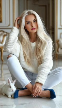 Woman with long blonde hair in a white sweater and ripped jeans, sitting with a white rabbit