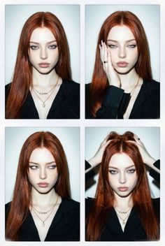 Woman with long red hair in a black shirt, captured in multiple portrait frames