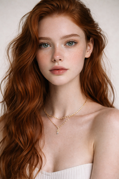Woman with long red hair, freckles, and green eyes wearing a gold necklace