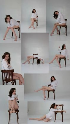Woman in a white shirt posing on a wooden chair in a studio