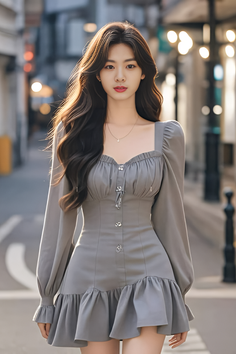 Woman with long hair in a gray dress on a street with soft lighting