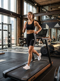Woman in a black sports bra and shorts running on a treadmill in a gym