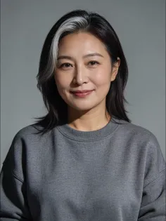 Woman with a white streak in her black hair wearing a grey sweatshirt