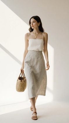Woman in a white top and linen skirt holding a straw bag indoors