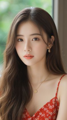 Woman with long brown hair wearing a red dress and gold jewelry