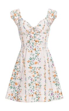 White floral mini dress with ruffle sleeves and a sweetheart neckline