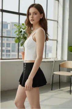 Woman in a white crop top and black mini skirt standing by a window