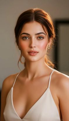 Woman with brown hair in an updo wearing a white top and earrings