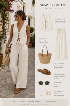 Woman in a linen vest and pants with a straw tote bag and sandals outdoors