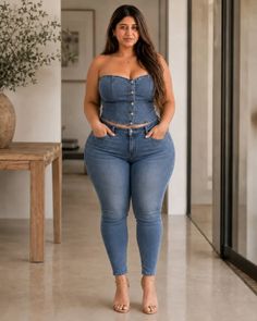 Woman with long hair wearing a denim top and jeans indoors