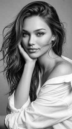 Woman with long hair and an exposed shoulder in a white shirt, black and white portrait