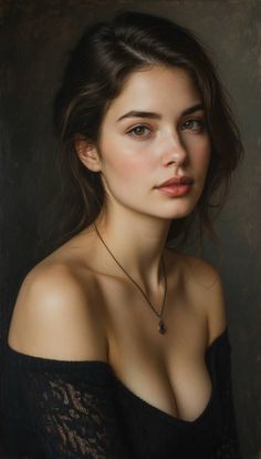 Woman with dark hair wearing an off-shoulder lace top with a pendant necklace