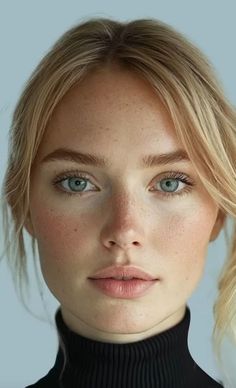 Close up portrait of a woman with blonde hair, blue eyes, and freckles