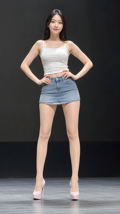 Woman in a white tank top and denim skirt posing indoors