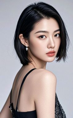 Woman with short black hair and pearl earrings looking over her shoulder