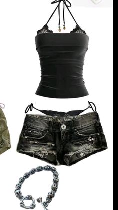 Black halter top with distressed denim shorts and a skull bracelet