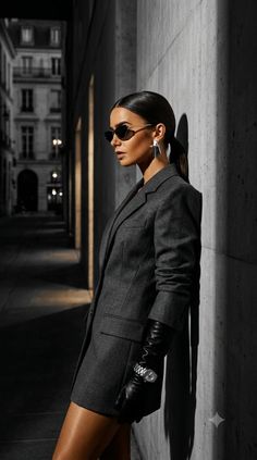 Woman in a gray blazer and leather gloves leaning against a wall at night