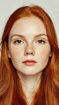 Close up portrait of a woman with red hair, freckles, and green eyes