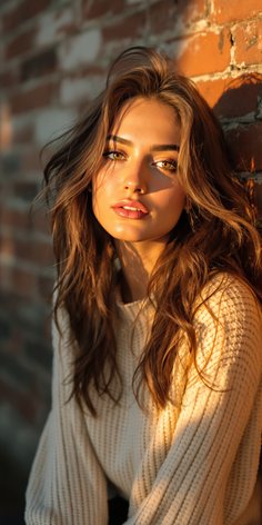 Woman with long brown hair in a sweater, lit by golden hour sunlight against a brick wall