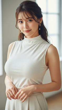 Woman with long hair and pearl earrings wearing a white top indoors