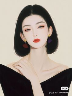 Illustration of a woman with short black hair and red lipstick wearing an off-shoulder dress
