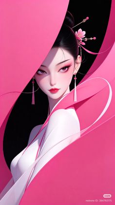 Illustration of a woman in traditional Chinese clothing with pink ribbons and accessories