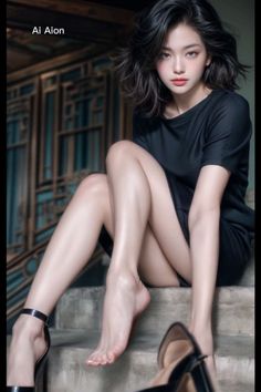 Woman in a black dress sitting on stairs with one bare foot and high heels