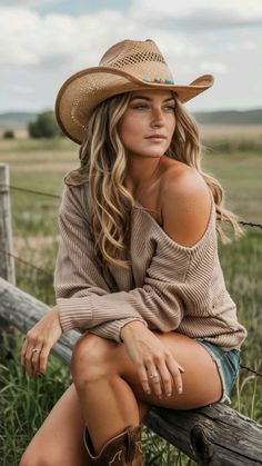 Woman in a cowboy hat and off-shoulder sweater sitting on a wooden fence