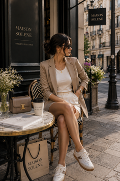 Woman in a blazer and shorts sitting at an outdoor cafe table
