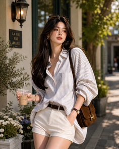 Woman with long hair in a striped shirt and white shorts holding a drink outdoors