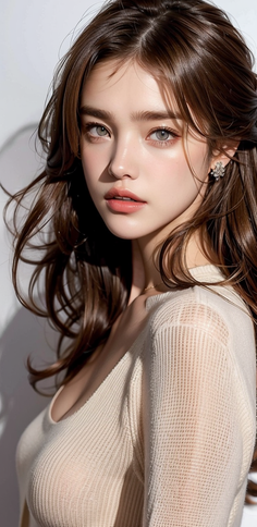 Woman with long brown hair and light eyes wearing a sheer top