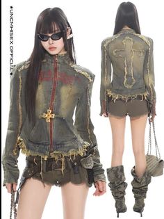 Woman in a distressed denim jacket and short shorts with combat boots