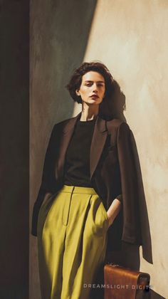 Woman with short hair wearing a blazer and green pants, standing against a wall