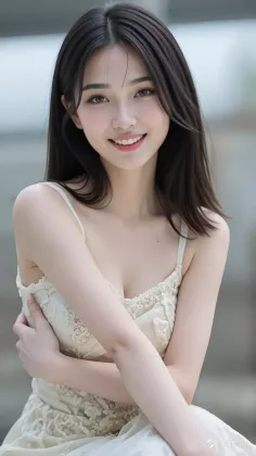 Woman with long dark hair wearing a white lace dress with cleavage